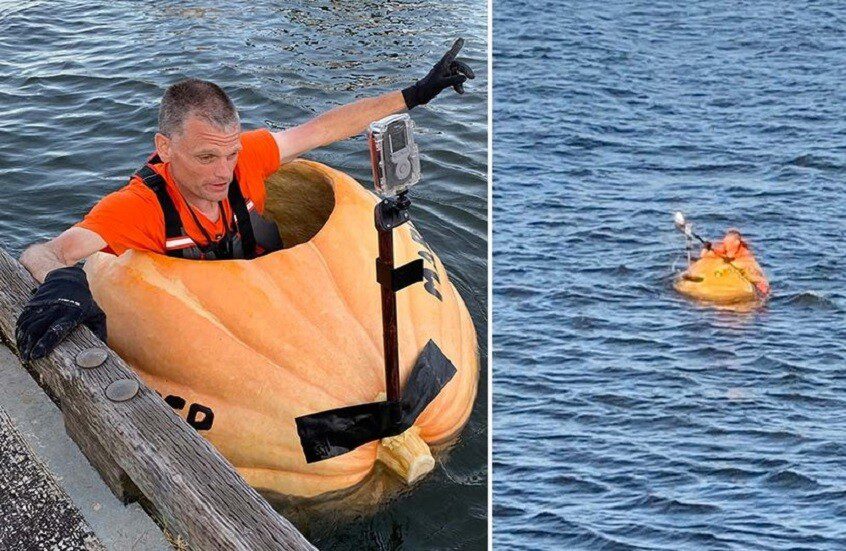 رحلة في يقطينة عملاقة.. أمريكي يقطع 95 كيلومتراً في نهر كولومبيا!