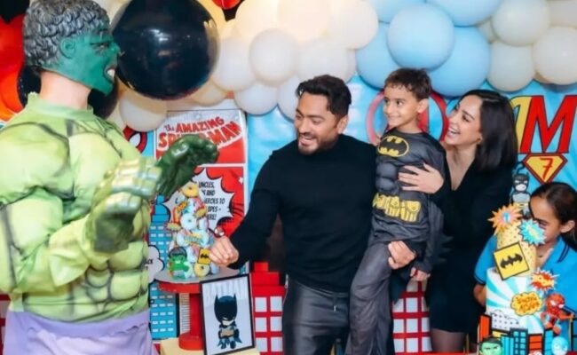 بسمة بوسيل وتامر حسني يحتفلان بعيد ميلاد ابنهما في أجواء عائلية