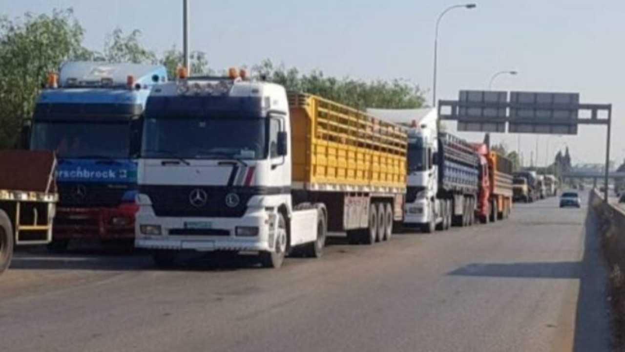 اعتصام لسائقي الشاحنات عند مفرق برجا للمطالبة بتعديل قرارات نقل ناتج الورش