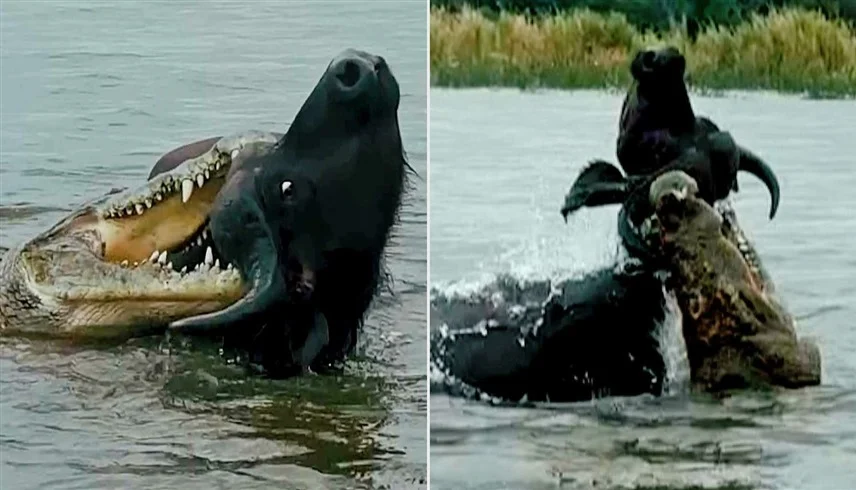 صراع في قلب الطبيعة… جاموس ينجو من هجوم تمساح في زيمبابوي